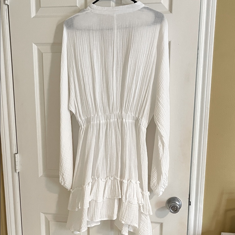 White V-Neck Ruffle Mini Dress Medium Lantern Sleeve Tiered Swing Cotton - Picture 11 of 14